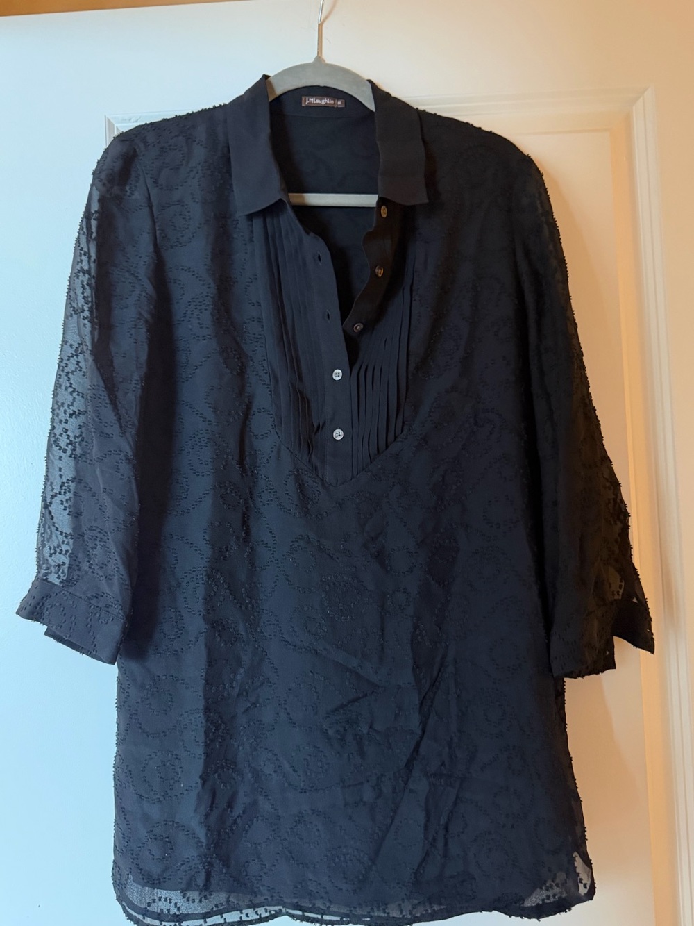 J. McLaughlin Black Lace-Overlay Pleated Placket Tunic